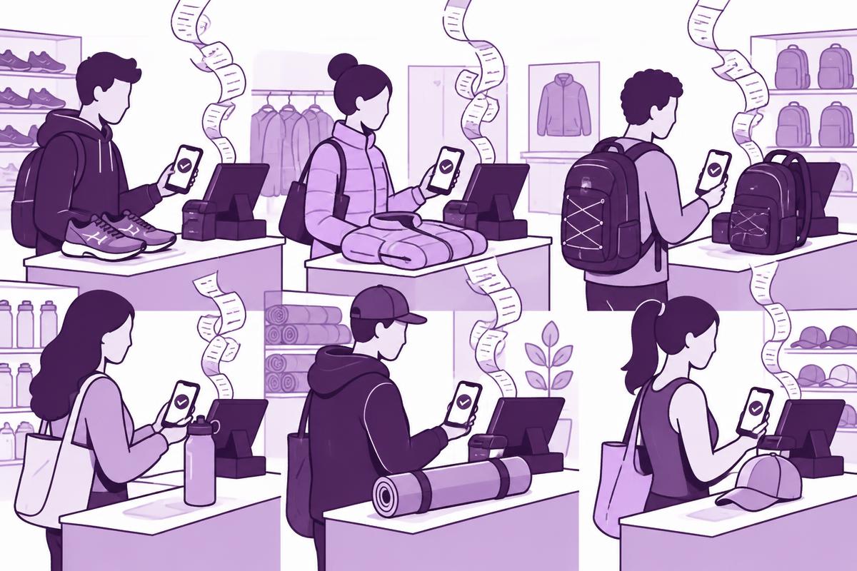 Mange ulike kunder i kassa kjøper sko, jakke, sekk, flaske, yogamatte og caps, og bekrefter på telefonen